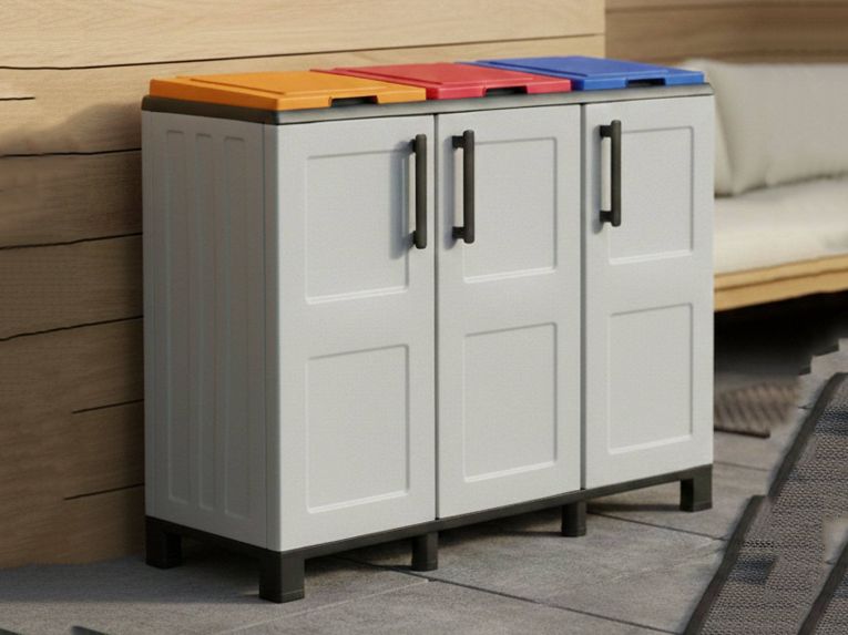 Pattumiera Grigio Chiaro Multicolore Capacità 330 (110 per Sacco) 3 Cestini 102x37x90h cm, Colore Struttura Multicolore Made in Italy - Anthea