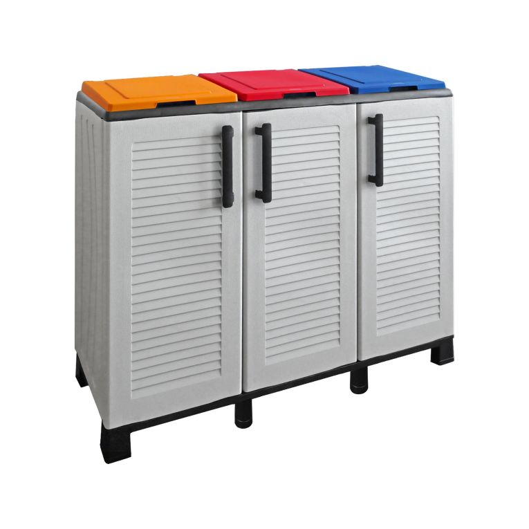 Pattumiera Grigio Chiaro Multicolore Capacità 330 (110 per Sacco) 3 Cestini 102x37x90h cm, Colore Struttura Multicolore Made in Italy - Apix