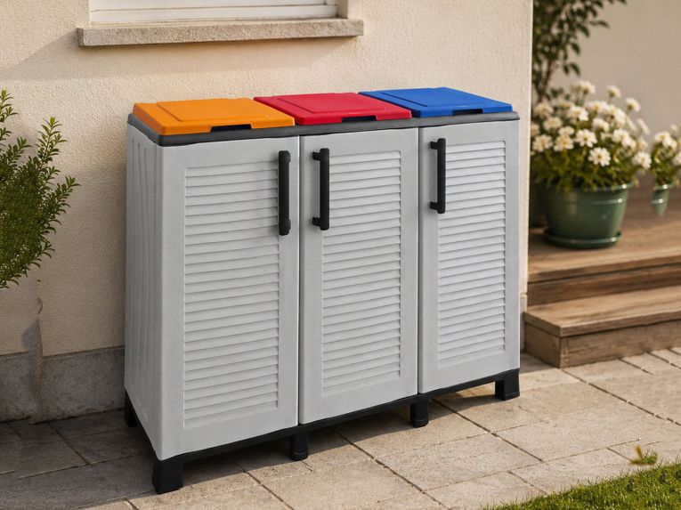 Pattumiera Grigio Chiaro Multicolore Capacità 330 (110 per Sacco) 3 Cestini 102x37x90h cm, Colore Struttura Multicolore Made in Italy - Apix