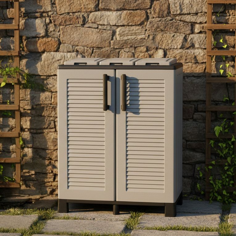 Pattumiera Grigio Chiaro Nero Capacità 210 (70 per Sacco) 3 Cestini 68x37x90h cm, Colore Struttura Nero Made in Italy - Tremolite