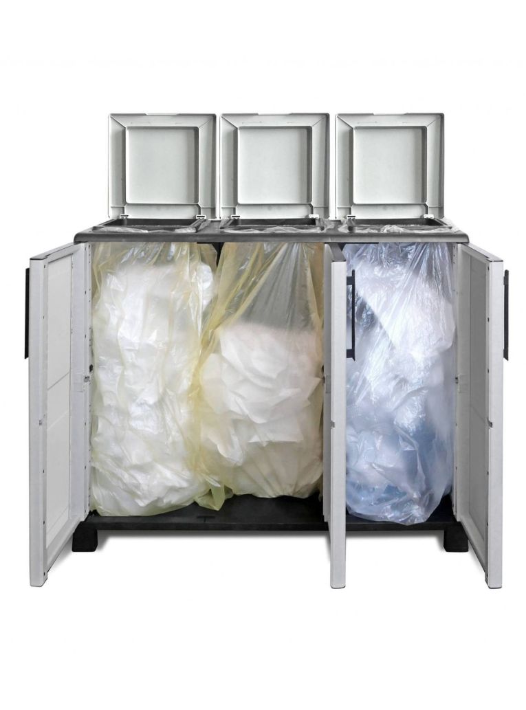 Pattumiera Grigio Chiaro Nero Capacità 330 (110 per Sacco) 3 Cestini 102x37x90h cm, Colore Struttura Nero Made in Italy - Anthea