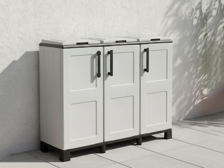 Pattumiera Grigio Chiaro Nero Capacità 330 (110 per Sacco) 3 Cestini 102x37x90h cm, Colore Struttura Nero Made in Italy - Anthea