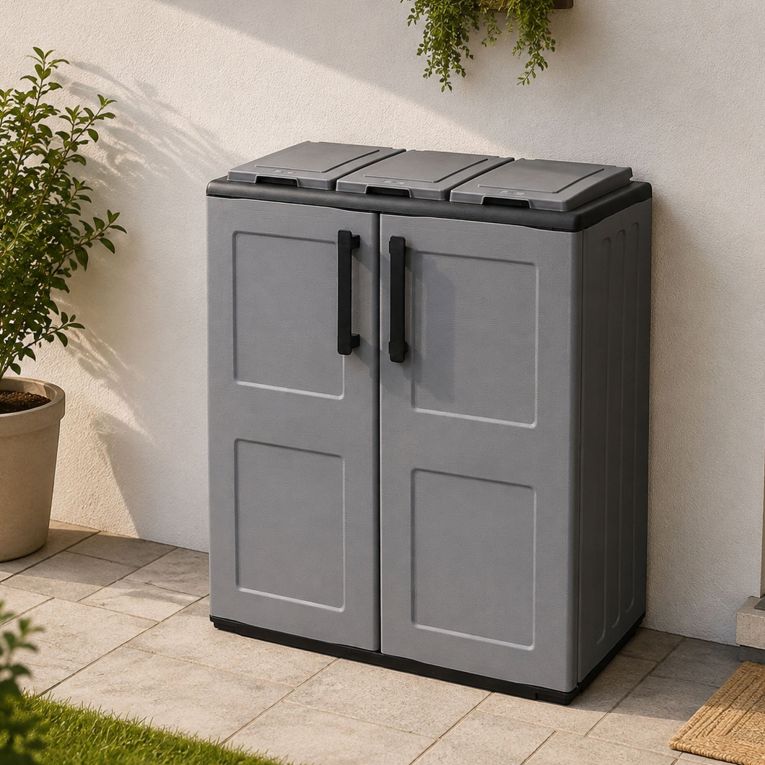 Pattumiera Grigio Nero Capacità 210 (70 per Sacco) 3 Cestini 68x37x84h cm, Ante a Quadri, Nero Made in Italy - Artan