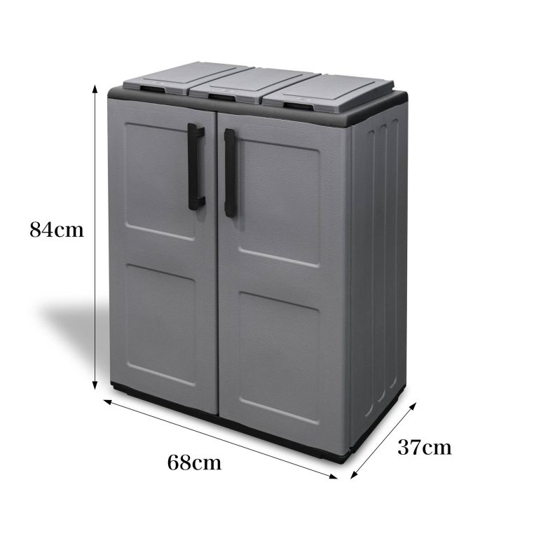 Pattumiera Grigio Nero Capacità 210 (70 per Sacco) 3 Cestini 68x37x84h cm, Ante a Quadri, Nero Made in Italy - Artan