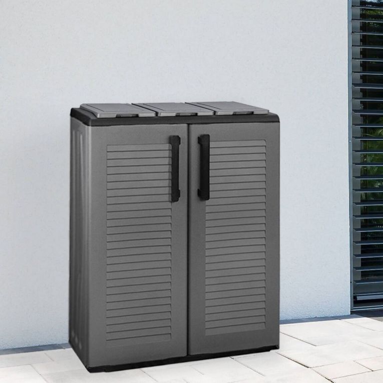 Pattumiera Grigio Nero Capacità 210 (70 per Sacco) 3 Cestini 68x37x84h cm, Ante a Righe, Nero Made in Italy - Artan