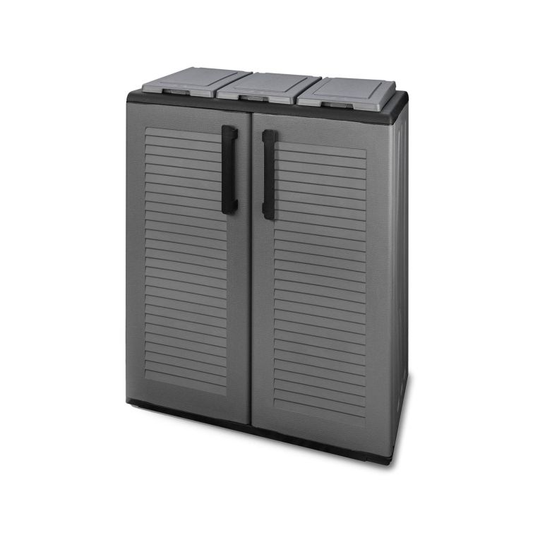 Pattumiera Grigio Nero Capacità 210 (70 per Sacco) 3 Cestini 68x37x84h cm, Ante a Righe, Nero Made in Italy - Artan