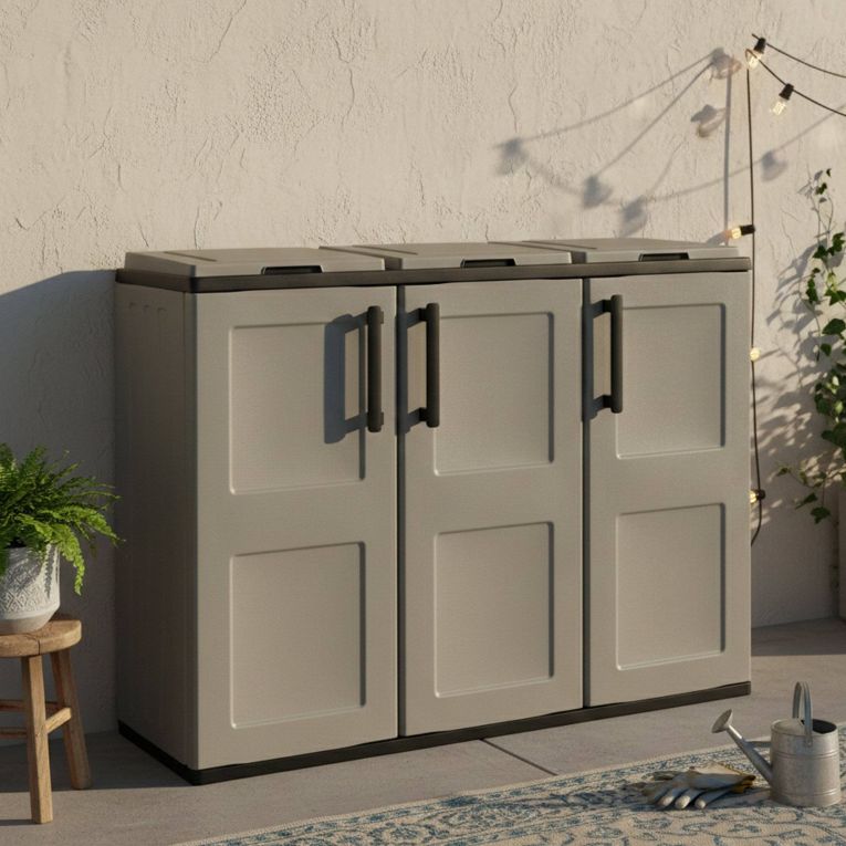 Pattumiera Grigio Nero Capacità 330 (110 per Sacco) Anta a Quadri 102x37x84h cm, 3 Cestini Made in Italy - Arko