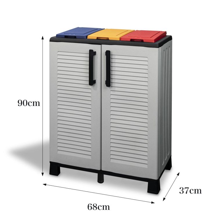 Pattumiera Hotton, Cestino portarifiuti, Bidone per raccolta differenziata a 2 ante, 100% Made in Italy, 68x37h90 cm, Grigio chiaro e Multicolore