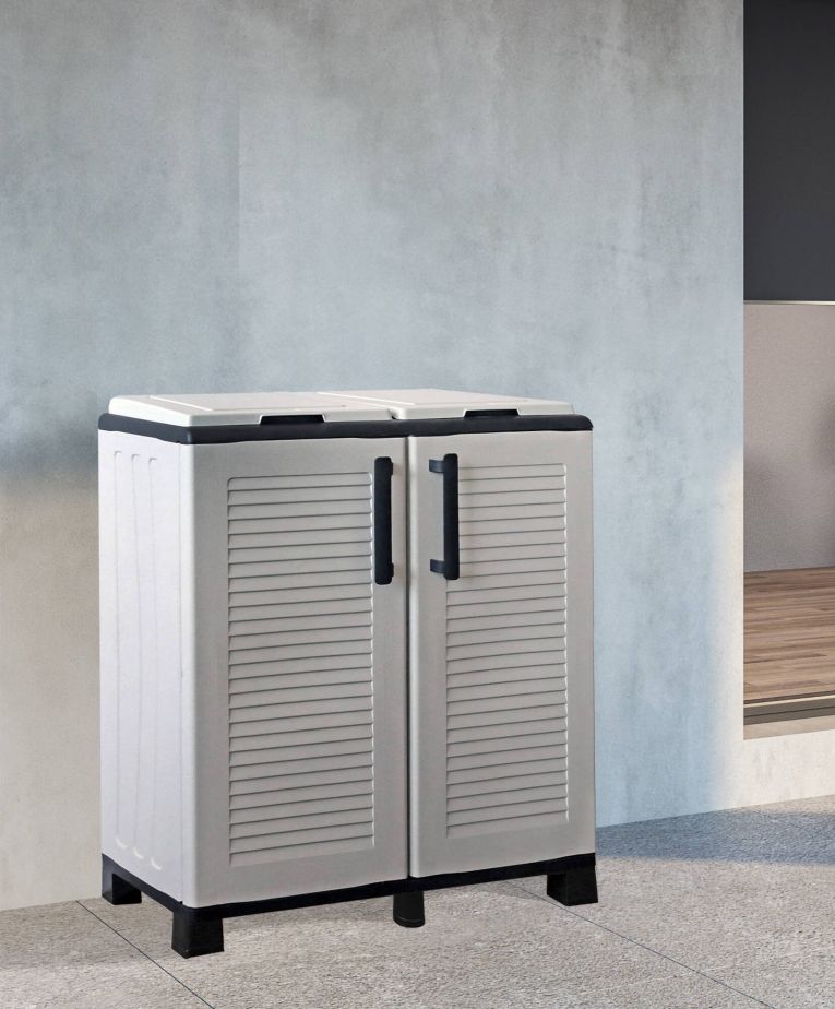Pattumiera Jurbise, Cestino portarifiuti, Bidone per raccolta differenziata, 100% Made in Italy, 68x37h90 cm, Grigio chiaro e Nero, Finitura righe