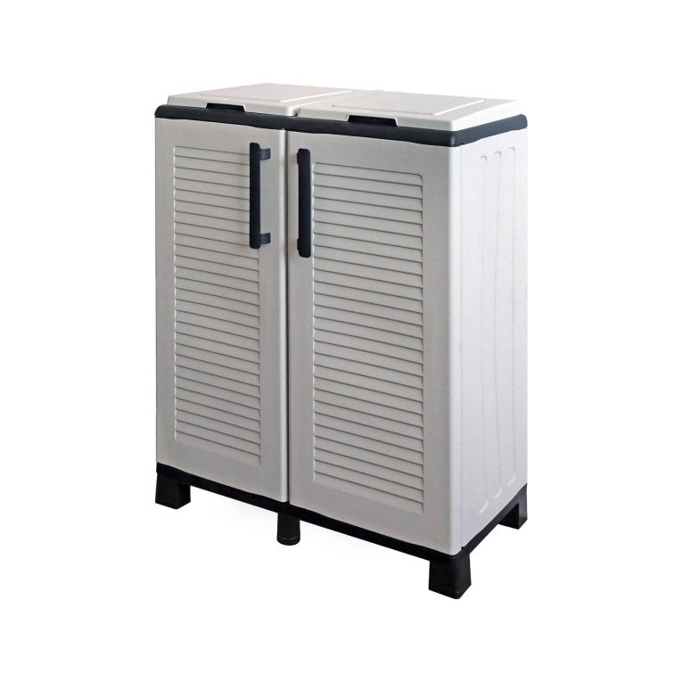 Pattumiera Jurbise, Cestino portarifiuti, Bidone per raccolta differenziata, 100% Made in Italy, 68x37h90 cm, Grigio chiaro e Nero, Finitura righe