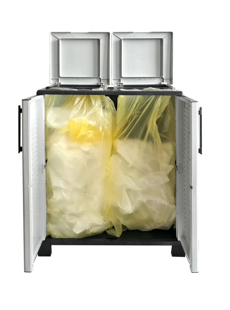Pattumiera Jurbise, Cestino portarifiuti, Bidone per raccolta differenziata, 100% Made in Italy, 68x37h90 cm, Grigio chiaro e Nero, Finitura righe