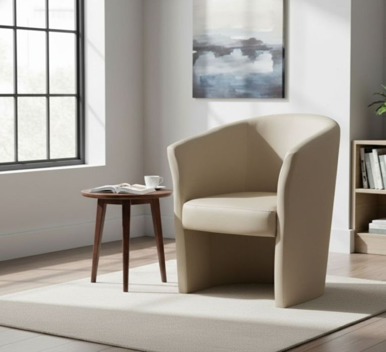 Poltrona Abrera, Poltrona da salotto, Seduta imbottita, Sedia con braccioli in ecopelle, 64x63h76 cm, Beige