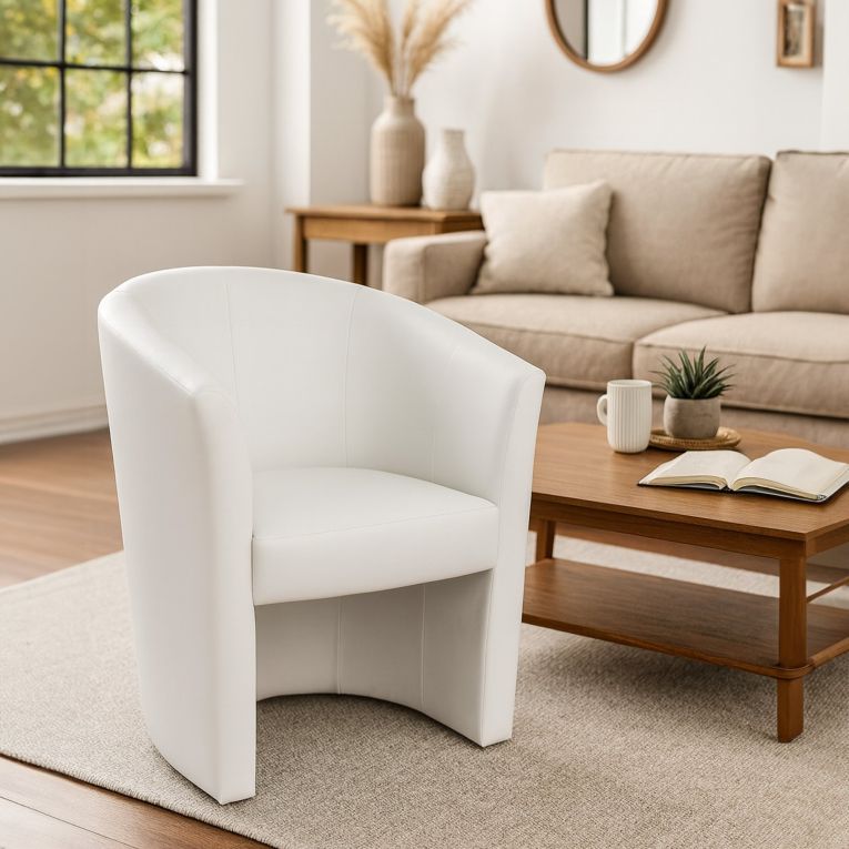 Poltrona Abrera, Poltrona da salotto, Seduta imbottita, Sedia con braccioli in ecopelle, 64x63h76 cm, Bianco