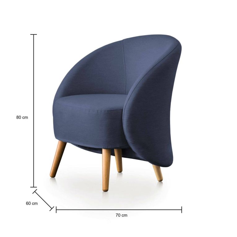 Poltrona Annarella, Poltrona di design da salotto, 100% Made in Italy, Poltroncina relax in tessuto imbottito, Cm 70x60h80, Blu
