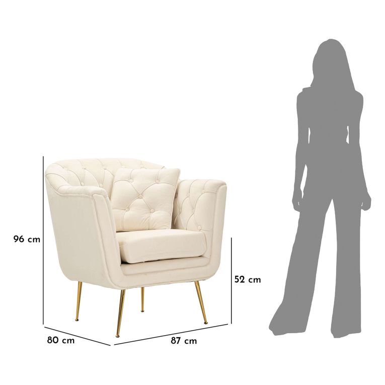 Poltrona Bianco Crema oro con Cuscino Braccioli 88x83x91h cm, Sfumatura Colore Struttura Crema - Turtuk