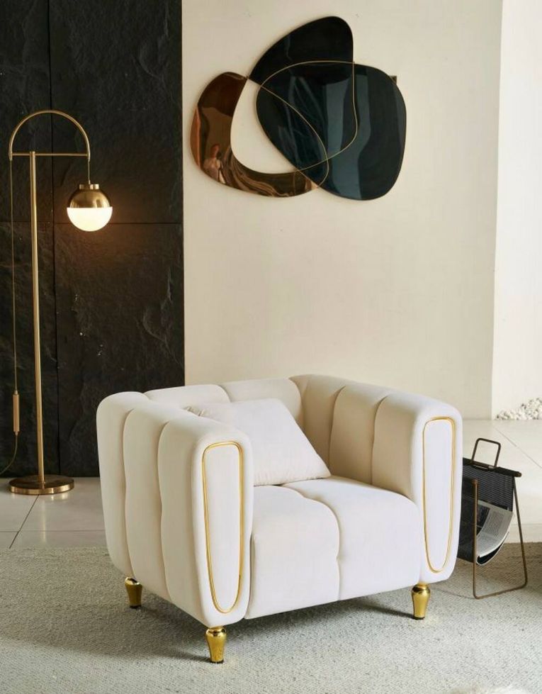Poltrona Branco, Seduta imbottita, Divano singolo da salotto, Sedia con braccioli, 81x97 h71 cm, Crema e Oro