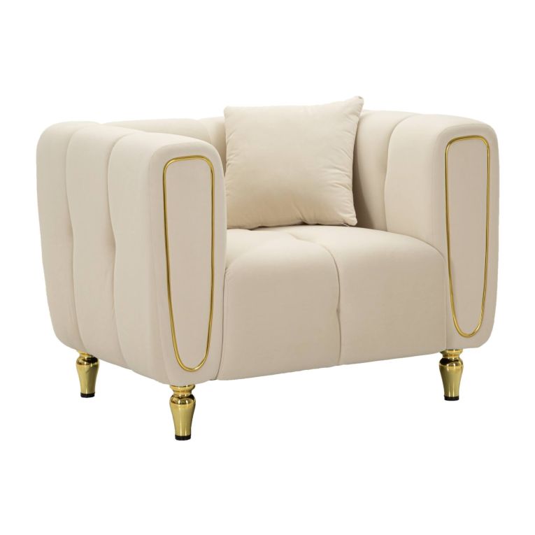 Poltrona Branco, Seduta imbottita, Divano singolo da salotto, Sedia con braccioli, 81x97 h71 cm, Crema e Oro