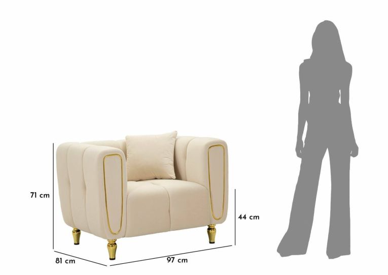 Poltrona Branco, Seduta imbottita, Divano singolo da salotto, Sedia con braccioli, 81x97 h71 cm, Crema e Oro