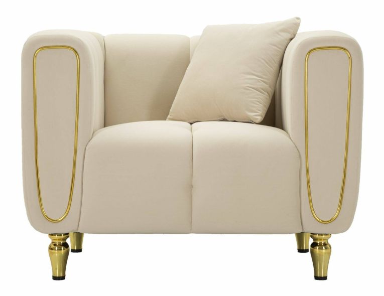 Poltrona Branco, Seduta imbottita, Divano singolo da salotto, Sedia con braccioli, 81x97 h71 cm, Crema e Oro
