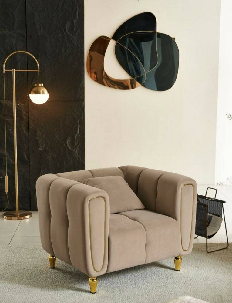 Poltrona Branco, Seduta imbottita, Divano singolo da salotto, Sedia con braccioli, 81x97 h71 cm, Grigio e Oro