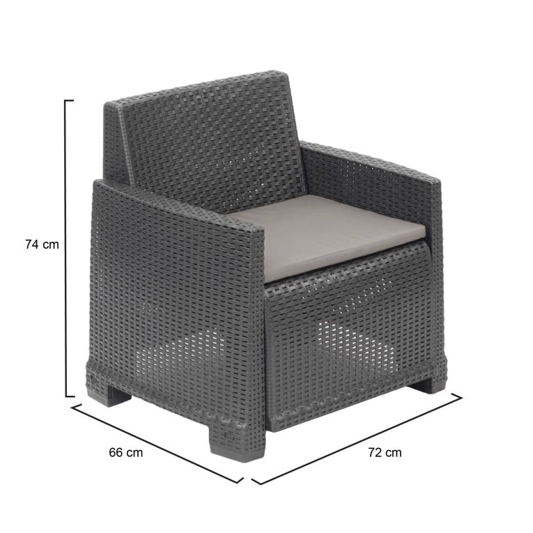 Poltrona da Esterno Nero Antracite Braccioli 72x66 cm, Cuscini Inclusi - Gaby
