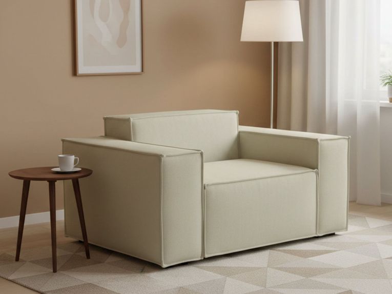 Poltrona in legno massello e tessuto con braccioli beige - Leonia
