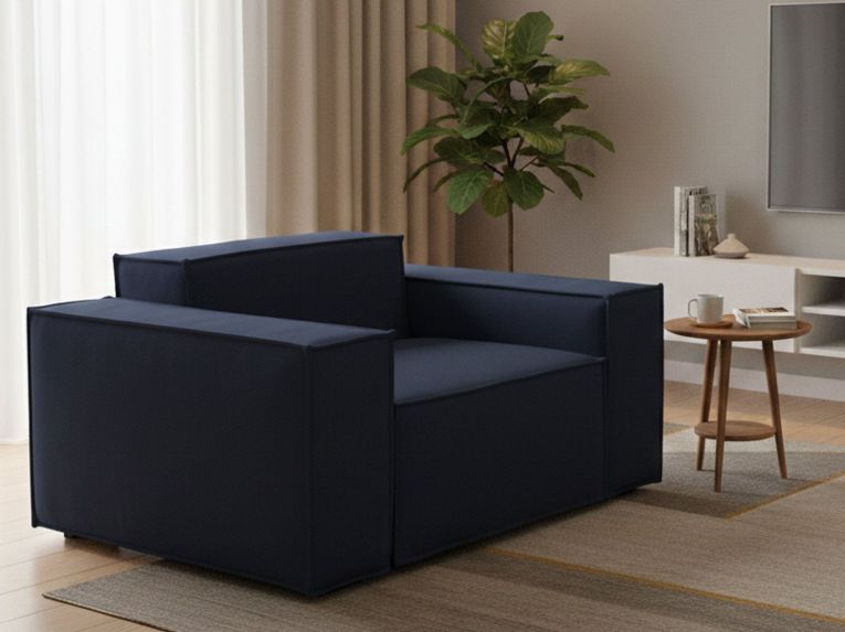 Poltrona in tessuto e legno massello con braccioli blu - Leonia