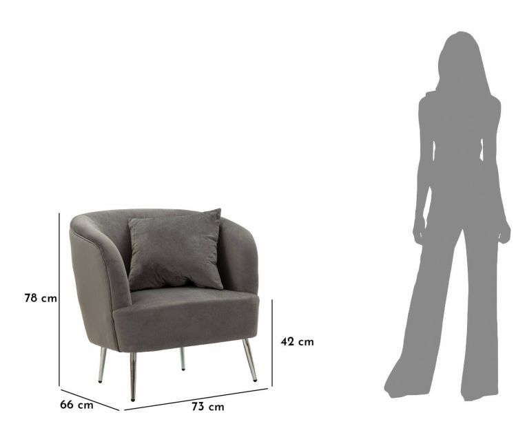 Poltrona Madeira, Seduta imbottita, Divano singolo da salotto, Sedia con braccioli, 73x66 h78 cm, Grigio e Argento