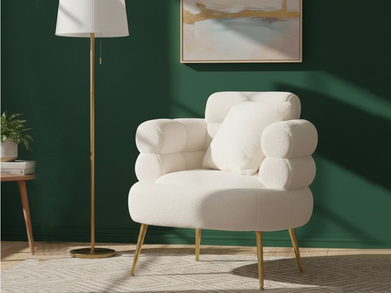 Poltrona shabby in tessuto con braccioli bianca e oro - Castagna