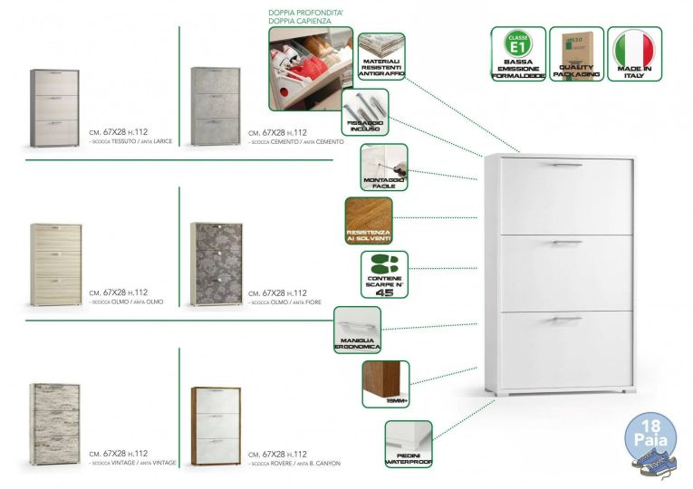 Porta scarpe 3 ante bianca e rovere 67x112h cm - Axinite