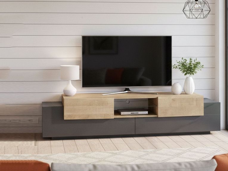Porta TV antracite e acero 220x40x51h cm 4 ante - Amato
