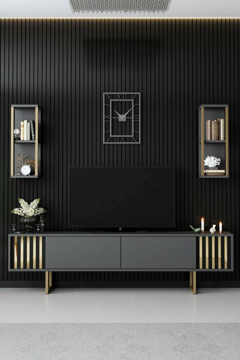 Porta TV antracite e oro 180x30x48h cm modulabile - Artinay