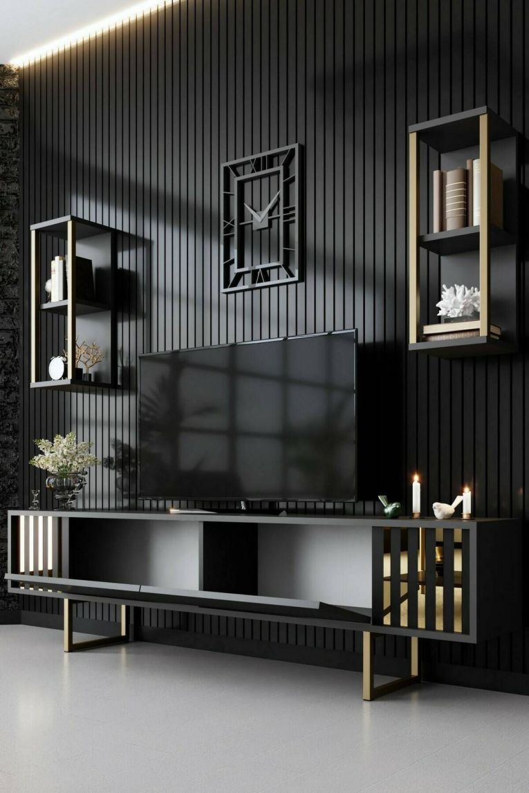 Porta TV antracite e oro 180x30x48h cm modulabile - Artinay