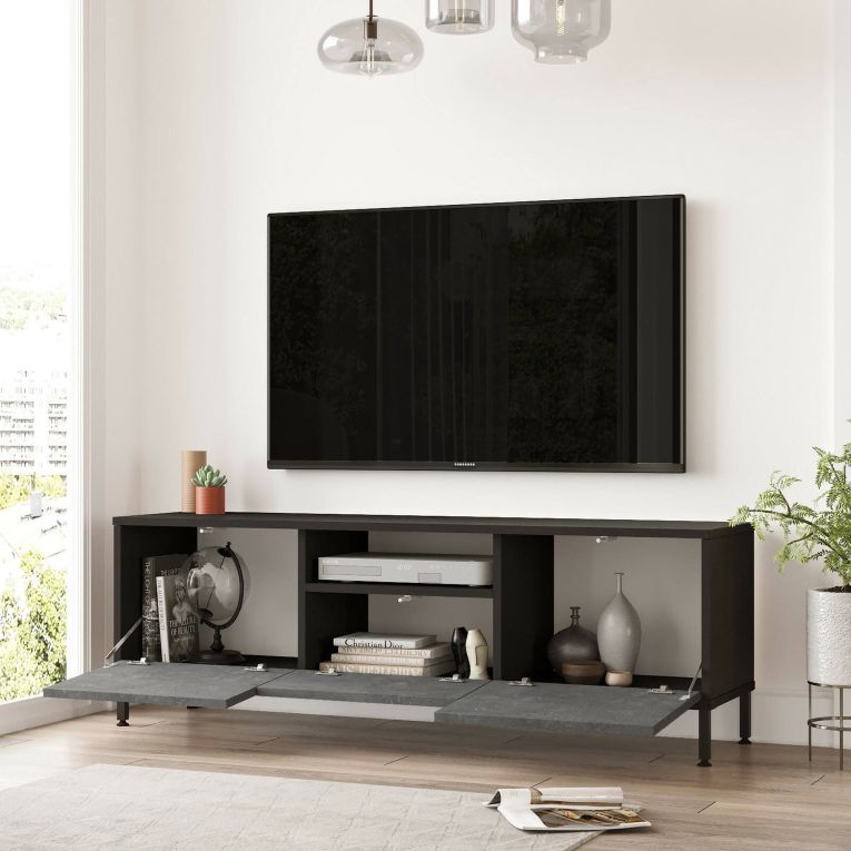 Porta TV argento e nero 140x35x46h cm 3 ante - Khagan
