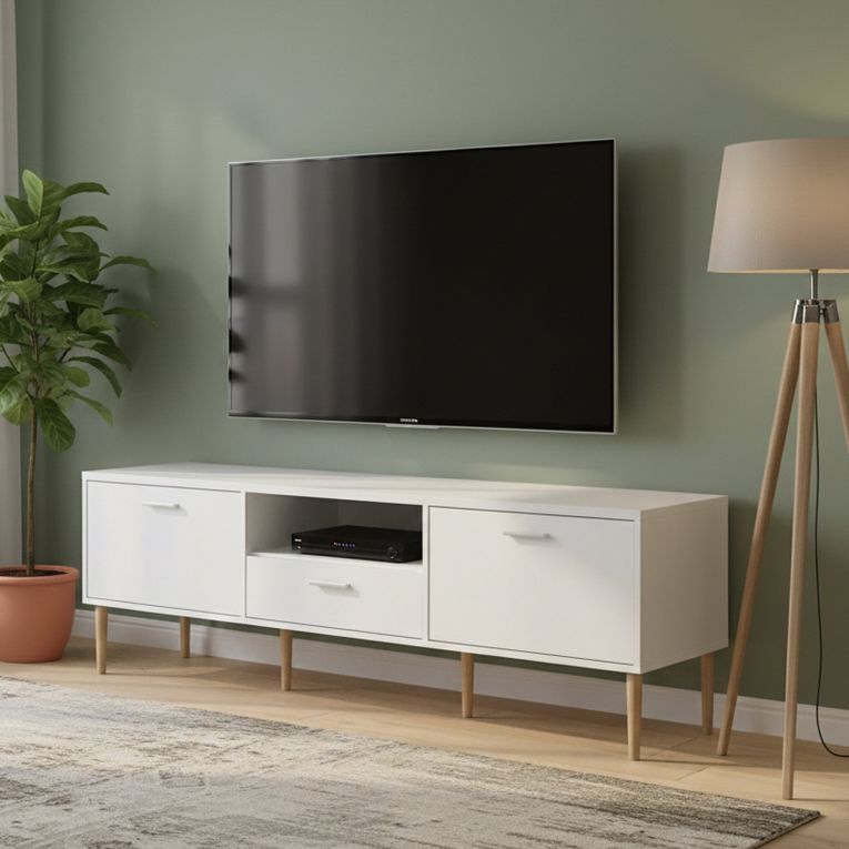 Porta TV bianco 177x39x56h cm 2 ante e 1 cassetto - Anselme