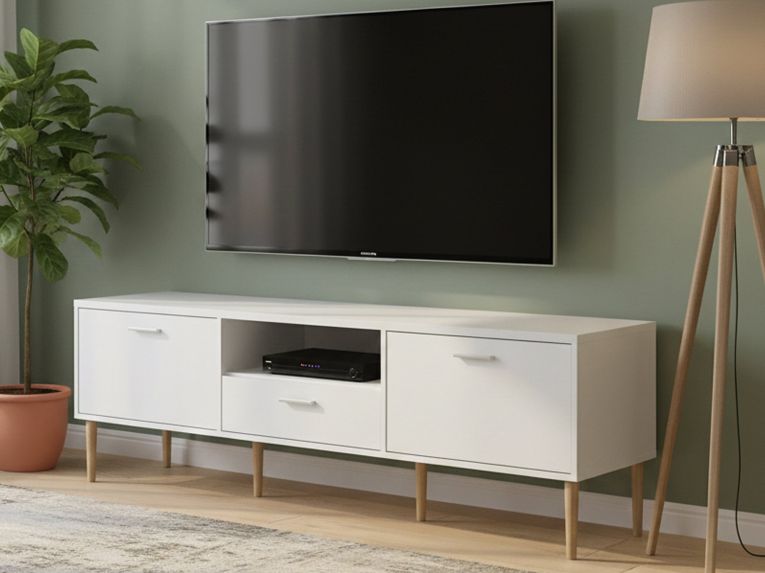 Porta TV bianco 177x39x56h cm 2 ante e 1 cassetto - Anselme