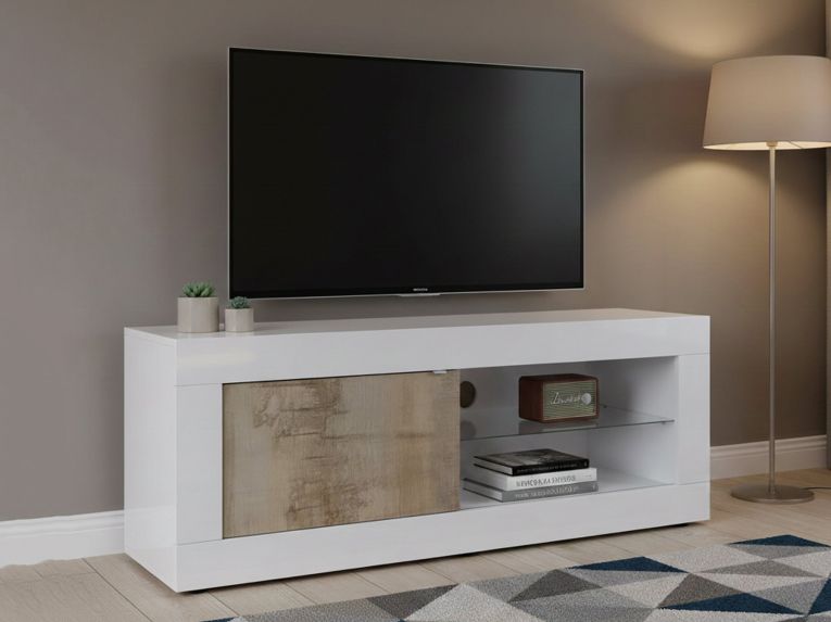 Porta TV bianco e acacia 140x43x56h cm in legno - Hector