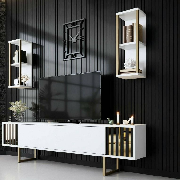 Porta TV bianco e oro 180x30x48h cm modulabile - Artinay