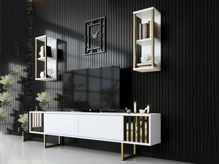 Porta TV bianco e oro 180x30x48h cm modulabile - Artinay
