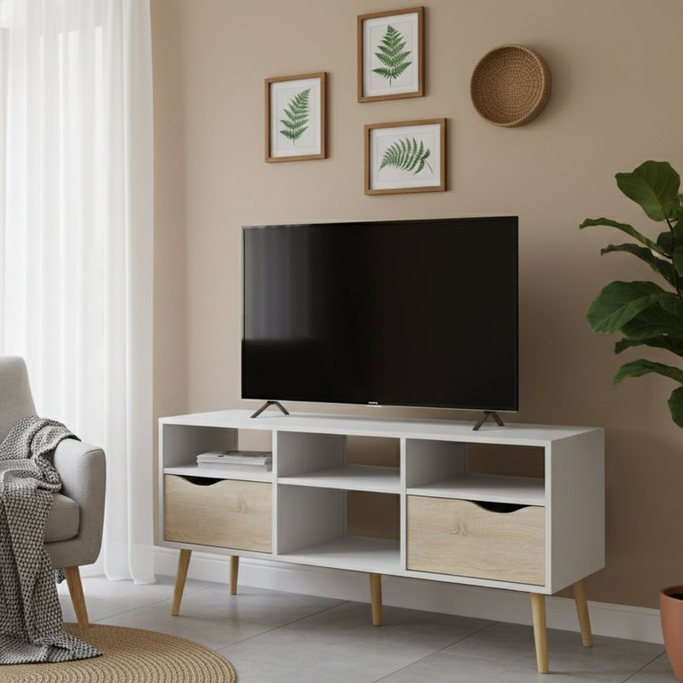 Porta TV bianco e quercia 117x39x57h cm in legno - Aliani