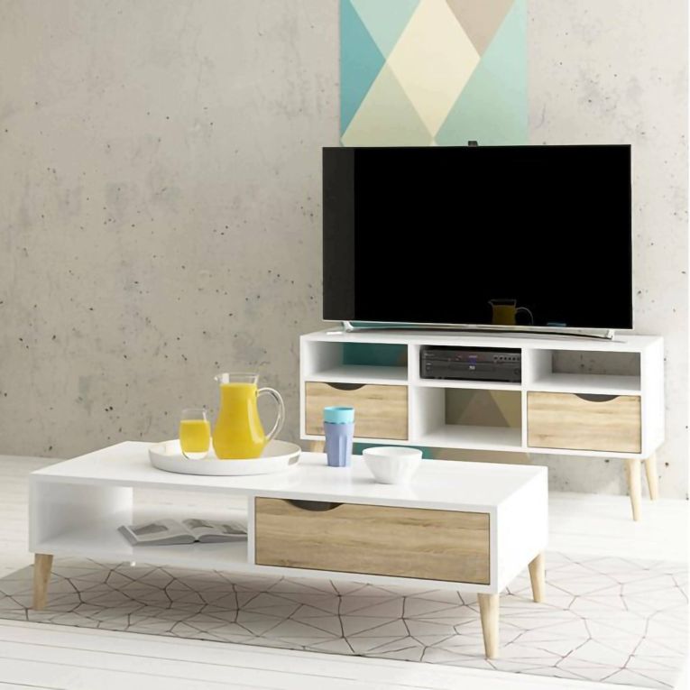 Porta TV bianco e quercia 117x39x57h cm in legno - Aliani