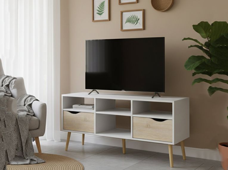 Porta TV bianco e quercia 117x39x57h cm in legno - Aliani