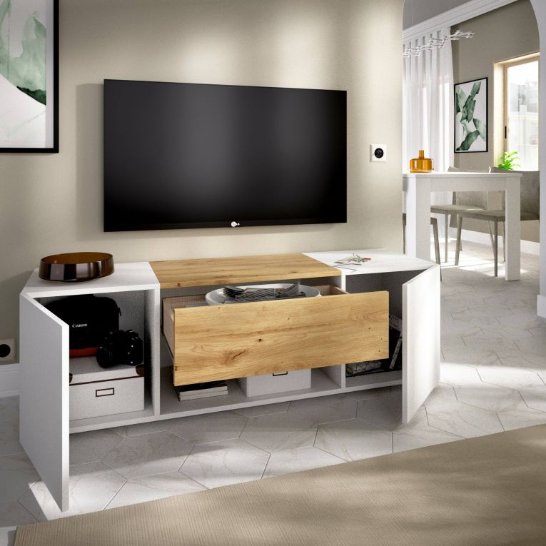 Porta TV bianco e rovere nodi 138x35x44h cm 2 ante e 1 cassetto - Acik