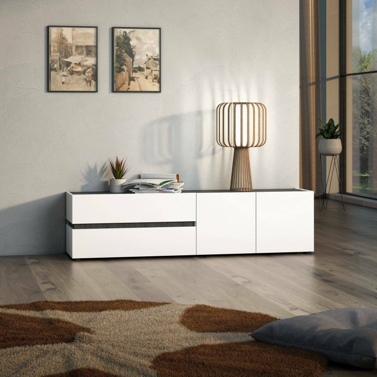 Porta TV bianco lucido e antracite 180x47x42h cm 2 ante e 2 cassetti - Basico