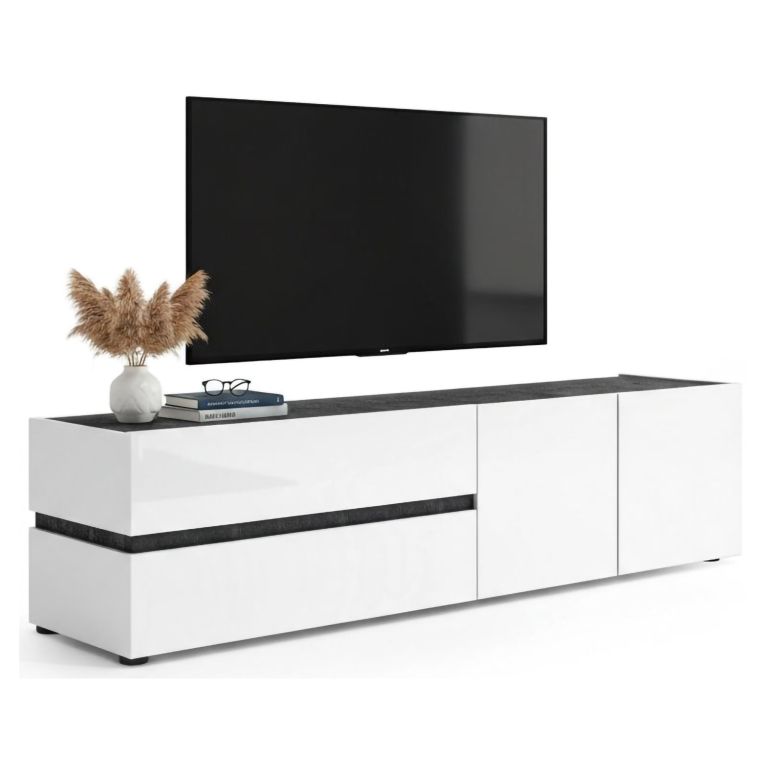Porta TV bianco lucido e antracite 180x47x42h cm 2 ante e 2 cassetti - Basico