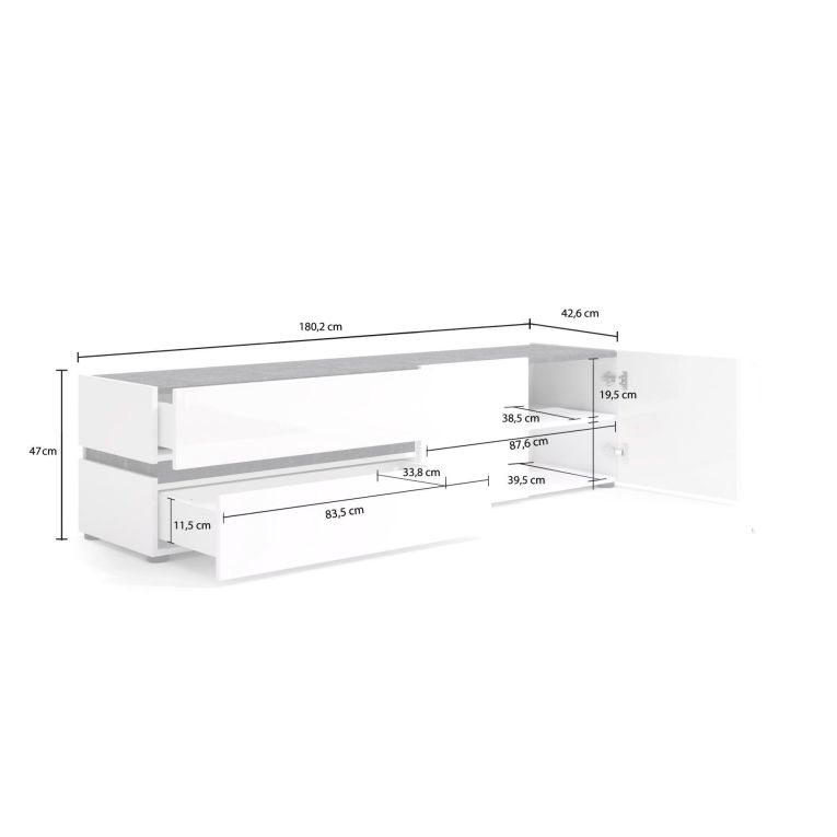 Porta TV bianco lucido e antracite 180x47x42h cm 2 ante e 2 cassetti - Basico