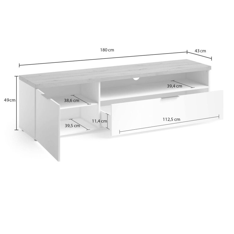 Porta TV bianco lucido e rovere 180x48x43h cm in legno - Manama
