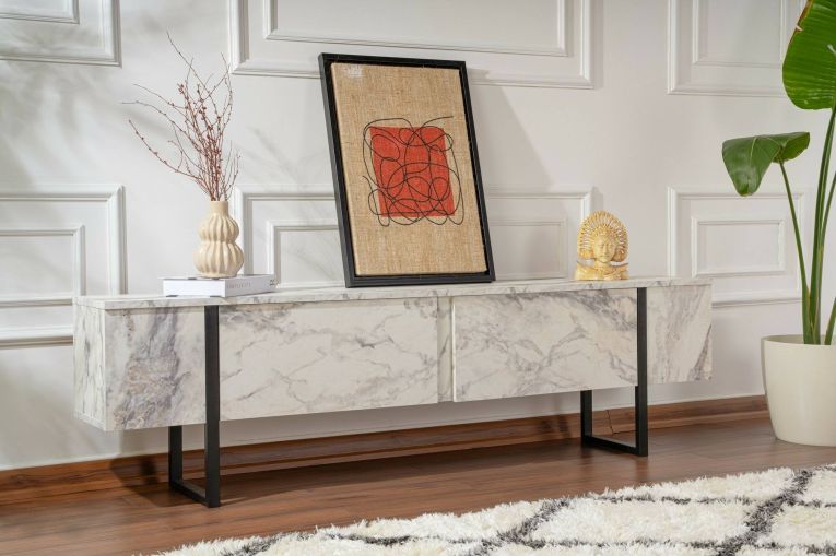 Porta TV marmo e nero 180x29x50h cm 2 ante - Lilith