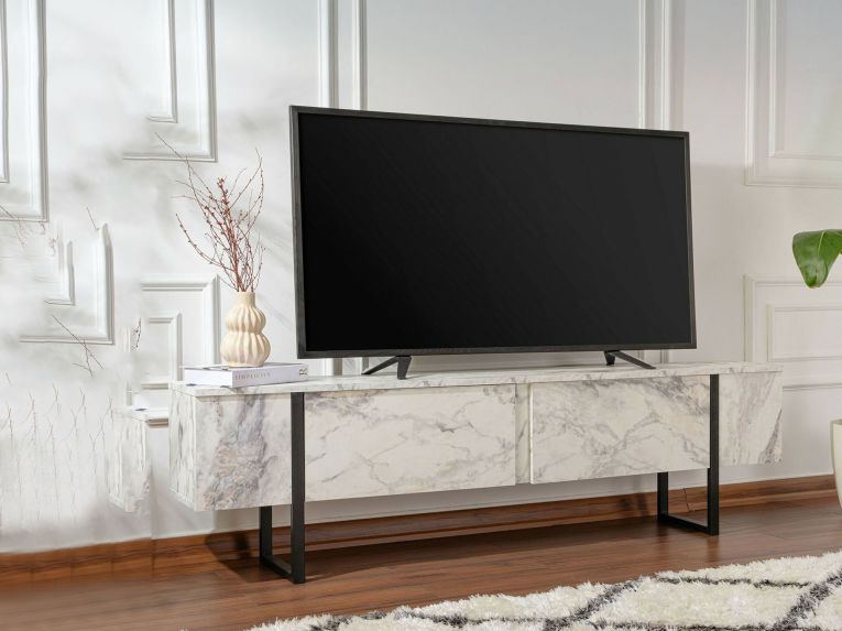 Porta TV marmo e nero 180x29x50h cm 2 ante - Lilith