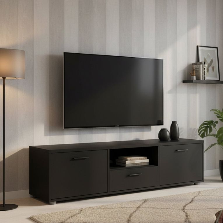 Porta TV nero 147x39x38h cm 2 ante e 1 cassetto - Charo